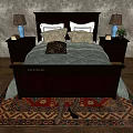 Double Bed with Dark Wooden Headboard Light Gray Comforter Nightstands Table Lamps and Patterned Rug 3d model