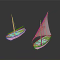 Wooden Sailboat Models As Water Transport With Sails And Red Emblem On Sail