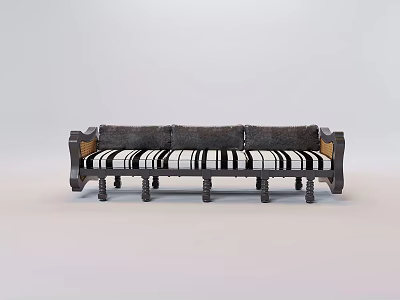 Classic Sectional Sofa With Black White Striped Cushions And Dark Wooden Frame Design 3d model