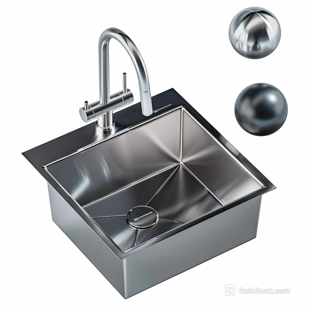 Stainless Steel Kitchen Sink With Modern Faucet And Square Shiny Design 3d model 