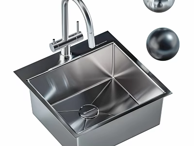 Stainless Steel Kitchen Sink With Modern Faucet And Square Shiny Design 3d model