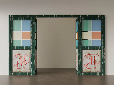 Art Installation With Green Framed Doorway And Colorful Square Panels With Red Symbols 3d model