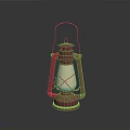 Red Vintage Lantern With Glass Panels And Warm Yellow Light On Dark Surface