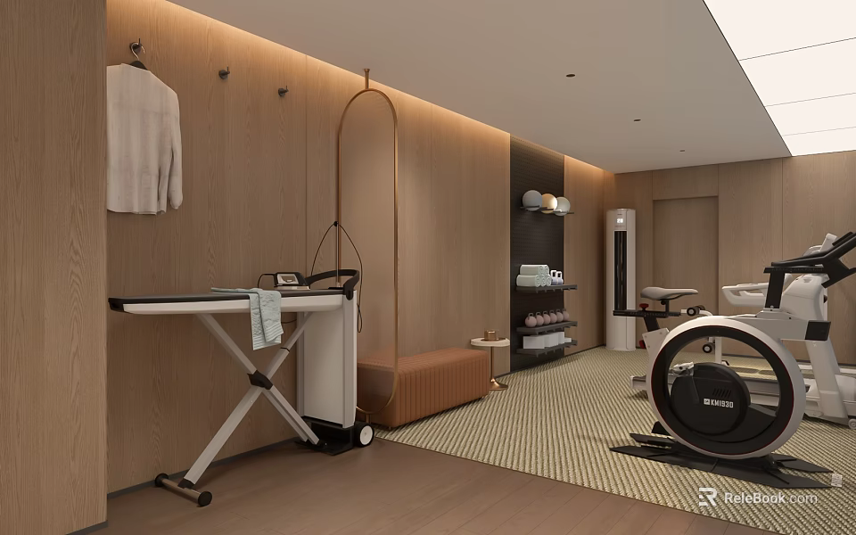 Modern Home Gym Interior With Wooden Walls Elliptical Machine Folding Table Storage Shelves And Bench 3d model 
