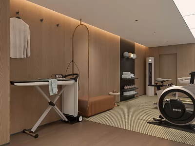 Modern Home Gym Interior With Wooden Walls Elliptical Machine Folding Table Storage Shelves And Bench 3d model