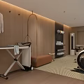 Modern Home Gym Interior With Wooden Walls Elliptical Machine Folding Table Storage Shelves And Bench