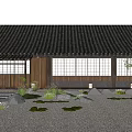 Traditional Japanese Wooden House with Black Tile Roof Lattice Windows Gravel Courtyard Stones Small Plants