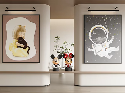 Wall Mounted Figurative Paintings Girl Holding Cat and Astronaut in Space with Mickey Minnie Figurines 3d model