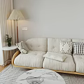 Cream Three Seater Sofa With Wooden Frame Checkered Pillows And Lamp In Living Room