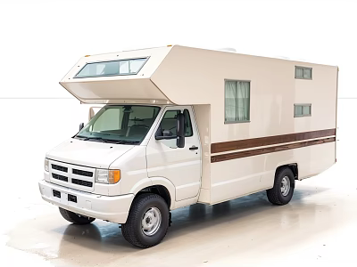 White Camper Van With Skylight Side Windows And Brown Stripes For Travel 3d model