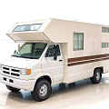 White Camper Van With Skylight Side Windows And Brown Stripes For Travel