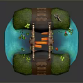 Scenic Miniature Landscape With Wooden Bridge Blue Water Green Grass Lotus Flowers And Tall Crane