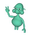 Green Animated Game Movie Character with Peace Sign Big Ears and Round Body
