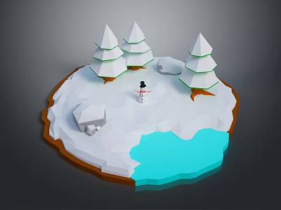 Snowy Natural Scene With Pine Trees Small Snowman Rocks And Blue Water Area 3d model