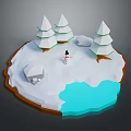 Snowy Natural Scene With Pine Trees Small Snowman Rocks And Blue Water Area