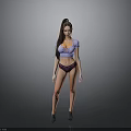 Woman in purple top and dark underwear standing against grey background with black shoes