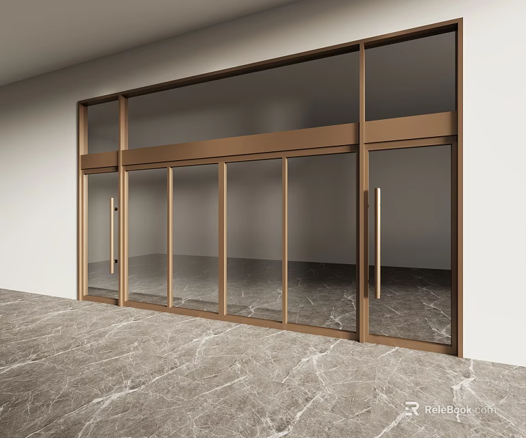 Modern Glass Entrance Door With Brass Frame And Sleek Handles In Lobby Area 3d model 