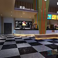 Modern Cinema Lobby With IMAX Screen Chandeliers Black And White Floor Tiles And Seating Area