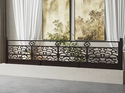 Traditional Chinese Fence With Hollow Patterns And Plants 3d model
