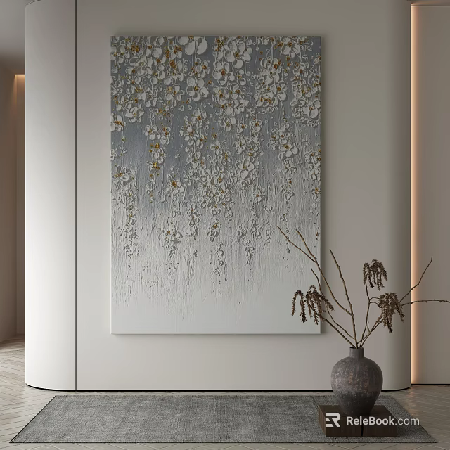 Abstract Decorative Painting With White Gold Flowers And Dried Branches In Vase 3d model 