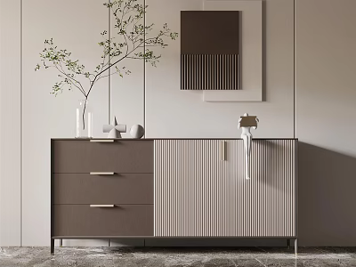 Elegant Modern Sideboard With Gray Beige Design And Vase Plant Wall Mirror Decor 3d model
