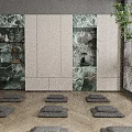 Serene Yoga Studio With Soft Lighting Wooden Floors Green Marble Walls And Yoga Mats