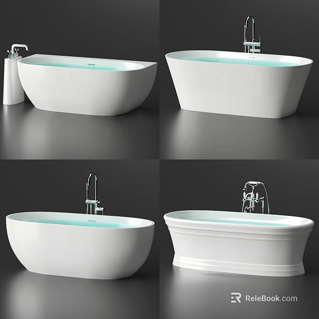 Modern White Bathtub Design With Different Faucet Styles And Water Elements 3d model