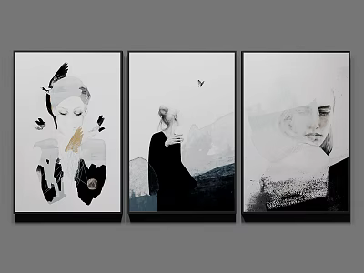 Minimalist Black And White Portrait Paintings With Standing Figure Bird And Mountain Wall Art 3d model