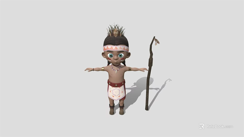 Tribal Cartoon Character With Feathered Headdress Holding Spear In Traditional Outfit 3d model 