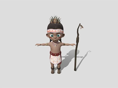 Tribal Cartoon Character With Feathered Headdress Holding Spear In Traditional Outfit 3d model