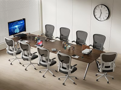 Modern Office Wooden Conference Table With Grey Wheeled Chairs Computer Monitor And Wall Clock 3d model