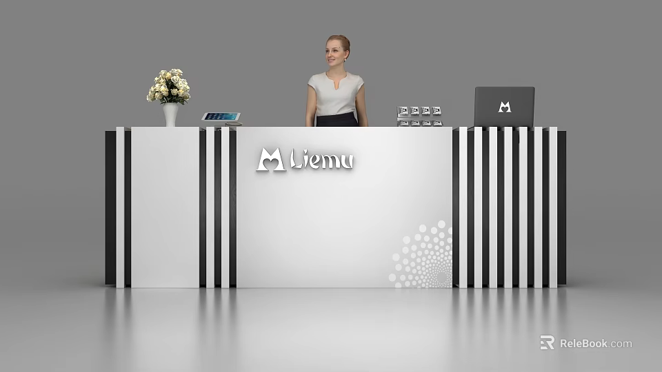 Modern White Reception Desk With Black Striped Sides Vase Flowers Liemu Logo And Laptop 3d model 