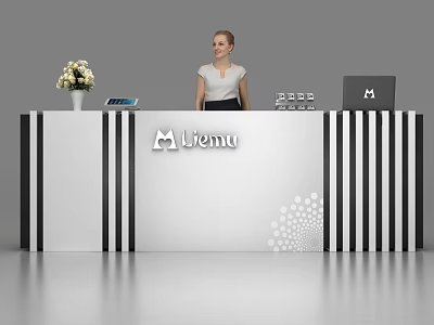 Modern White Reception Desk With Black Striped Sides Vase Flowers Liemu Logo And Laptop 3d model