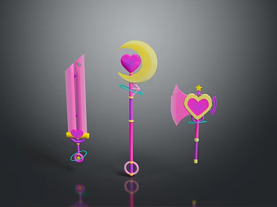 Pink Fantasy Weapons Collection with Sword Staff Axe Heart Moon and Star Design 3d model