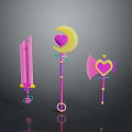 Pink Fantasy Weapons Collection with Sword Staff Axe Heart Moon and Star Design