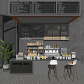 Modern Coffee Shop Reception Counter With Menu Boards Coffee Machines Plants And Stools