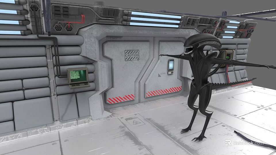 Black Alien Creature with Outstretched Arms in Industrial Metal Room with Control Panels and Screens 3d model 