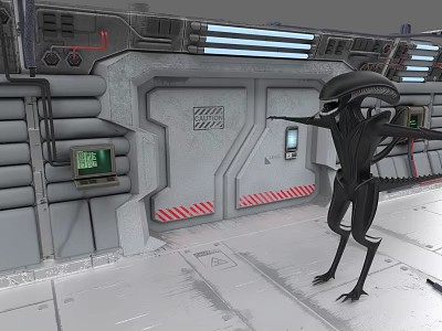 Black Alien Creature with Outstretched Arms in Industrial Metal Room with Control Panels and Screens 3d model