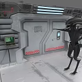 Black Alien Creature with Outstretched Arms in Industrial Metal Room with Control Panels and Screens