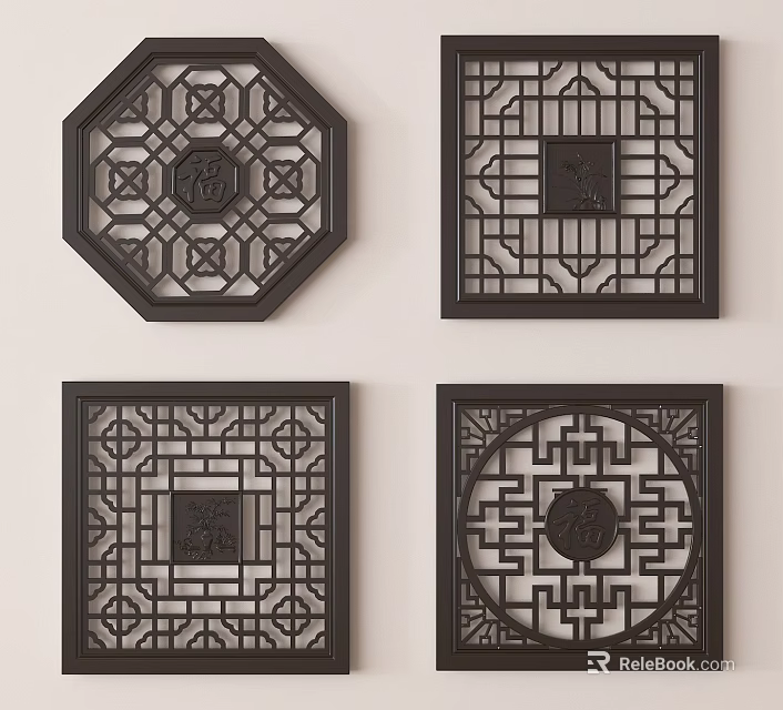 Traditional Chinese Carved Lattice Windows With Various Shapes And Ornamental Patterns 3d model 