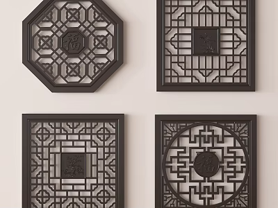 Traditional Chinese Carved Lattice Windows With Various Shapes And Ornamental Patterns 3d model