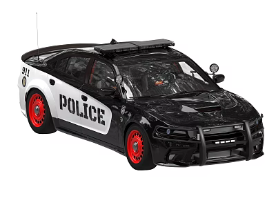 Black And White Police Sedan With Red Rims Roof Lights And Antenna 3d model