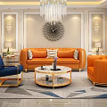 Modern Luxury Living Room With Bright Orange Leather Sofas And Elegant Golden Decor Elements
