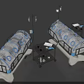 Industrial Equipment Featuring White Bodies Blue Circular Patterns And Side Tool Carts