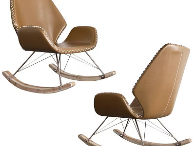 Brown Leather Rocking Chair With Stitching Details Metal Frame And Wooden Base 3d model