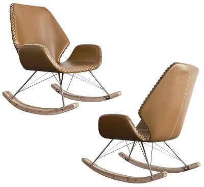 Brown Leather Rocking Chair With Stitching Details Metal Frame And Wooden Base 3d model