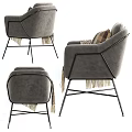 Grey Single Sofa With Plaid Cushion Geometric Fringe Blanket And Metal Legs