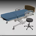 Adjustable Medical Bed With Blue Mattress Wooden Headboard Mobility Wheels And Stool