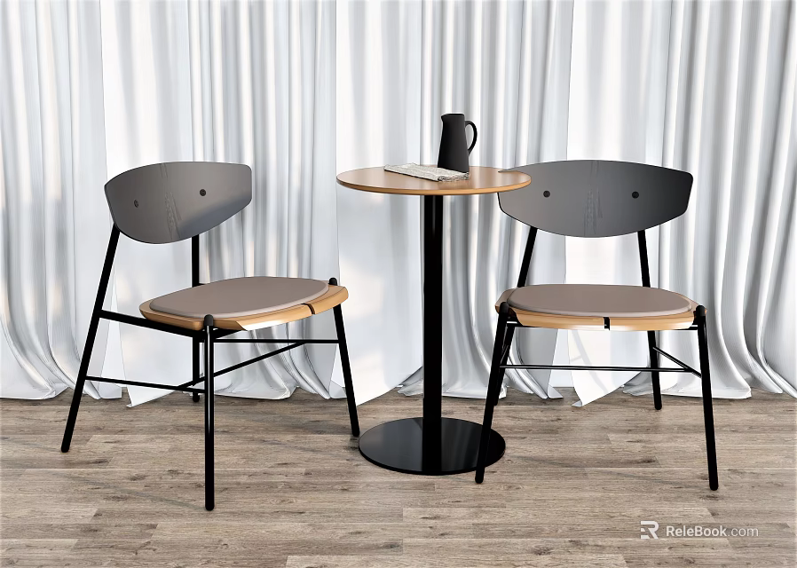 Modern Round Table with Two Chairs Set Wooden Top Gray Backrest and Light Brown Seat 3d model 