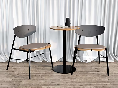 Modern Round Table with Two Chairs Set Wooden Top Gray Backrest and Light Brown Seat 3d model